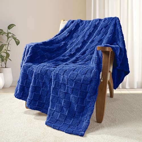 3D Checkered Fleece Throw Blanket for Couch (Cobalt Blue / Throw (50"x60"))