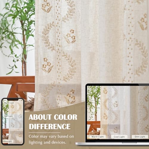 Floral Lined Linen Curtains 96 Inch Farmhouse Back Tab 2 Panels (Beige / 50"W x 96"L (Pack of 2))