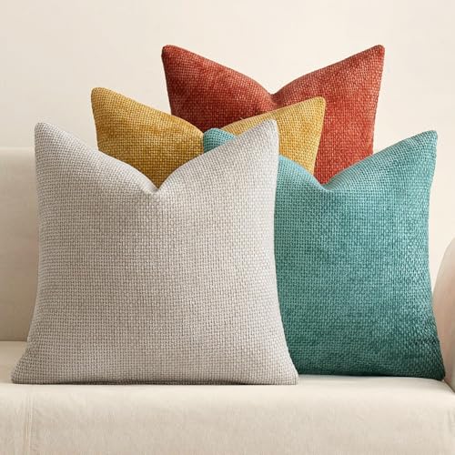 Decorative Chenille Fall Pillow Covers Orange Teal 20x20 Pack of 4 (20" x 20" (Pack of 4) / Orange Teal)