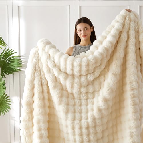 Soft Bubble Faux Fur Throw Blanket (Ivory White / 50“x60”)