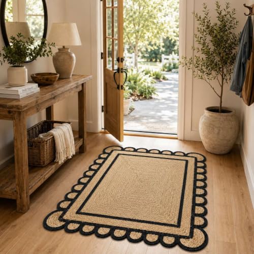 Scalloped Natural Jute Area Rug 3x5 Ft (Black / 3' x 5' (Rectangular))
