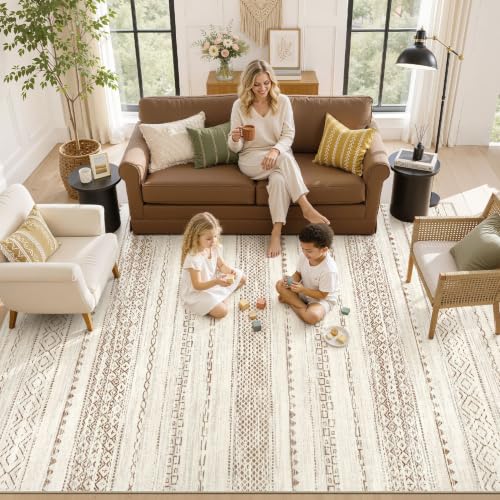 Boho 6x8 Area Rug Living Room Rugs Machine Washable Brown (Brown Tan / 6' X 8' (Rectangular))
