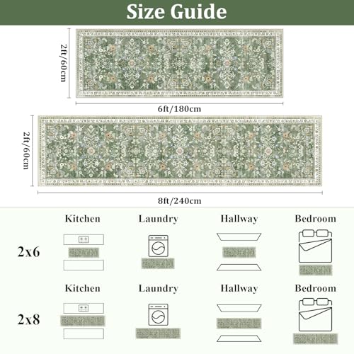 2x6 Washable Hallway Runner Rug Non Slip Floral Carpet (Green / 2' x 6')
