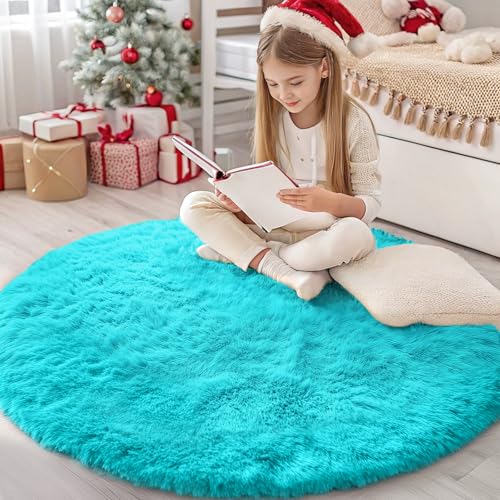 Teal Blue Round Rugs for Bedroom (4 Ft Round / Teal Blue)