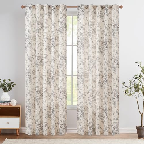 Vintage Floral Linen Curtains 90 Long for Living Room 2 Panels (Black on Beige / 42"W x 90"L (Pack of 2))