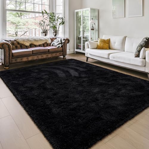 Shag Fluffy Area Rug for Bedroom Girls Living Room (5' x 8' (Rectangular) / Black)
