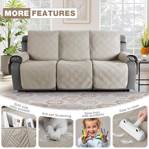 100% Waterproof Recliner Sofa Covers 3 Seater Split Couch Covers for 3 Cushion Reclining Couch with Straps (Cream / 3 Seater Standard)