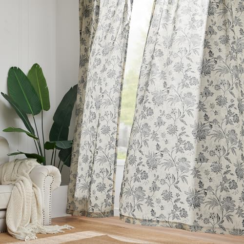 Black Floral Linen Curtains 63 Inch Vintage Back Tab 2 Panels (*Jacobean Black / 50"W x 63"L (Pack of 2))