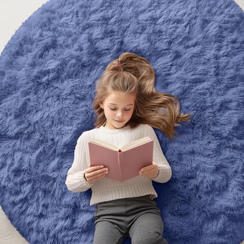 Denim Blue Round Rugs for Bedroom (5 Ft Round / Denim Blue)