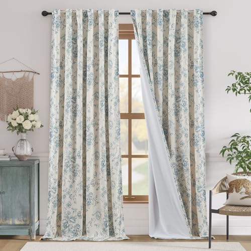 Floral Linen Blackout Curtains for Bedroom 96 Inches Long (Blue / 50"W x 96"L (Pack of 2))