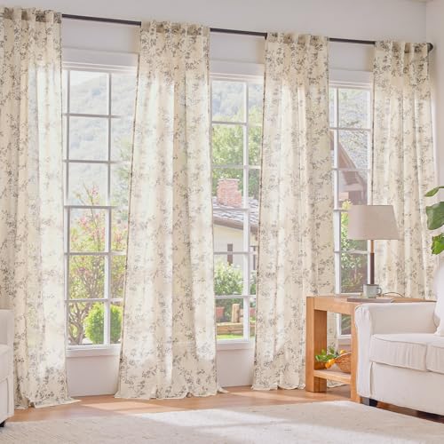 Extra Long Grey Vintage Floral Linen Curtains Farmhouse 2 Panels (Grey on Beige / 50"W x 108"L (Pack of 2))