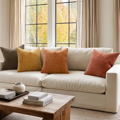 Decorative Chenille Fall Pillow Covers Orange Brown 20x20 Pack of 4 (20" x 20" (Pack of 4) / Orange/Yellow)