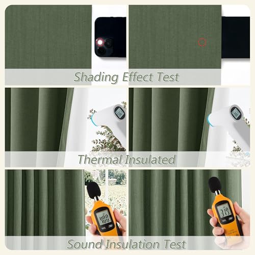 Olive Green 100% Blackout Curtains 108 Inch Length 2 Panels Set for Living Room Bedroom Back Tab Thermal Insulated Black Out Linen Drapes Room Darkening Window Curtains 52x108 (Olive Green / 52"W x 108"L (Pack of 2))