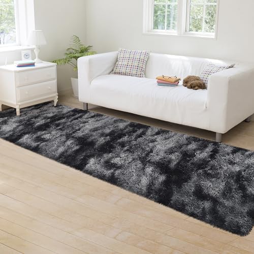 Tie Dyed Runner Rug for Bedroom Black Grey 2x8ft Fluffy Area Rug Bedside Runner Rug for Kids Room Boys Teens Nursery Baby Living Room Dorm Home Decor Carpets (Tie-dyed Black Grey / 2' x 8' (Runner))