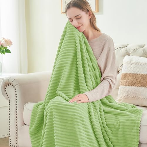 3D Ribbed Jacquard Green King Size Blankets for Bed (Grass / King(108"x90"))