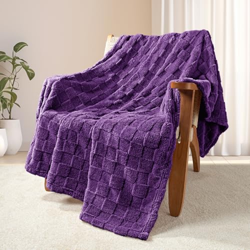 3D Checkered Fleece Throw Blanket for Couch (Purple / Throw (50"x60"))