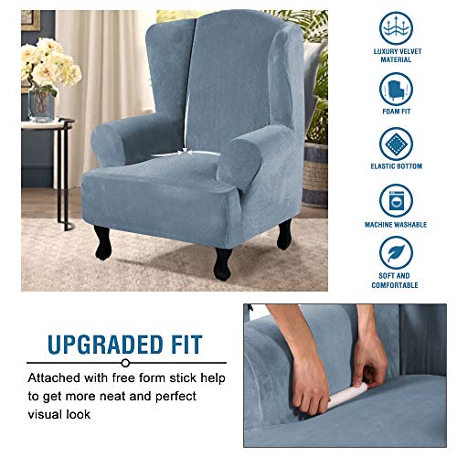 Wingback Chair Covers Velvet Plush Wing Chair Slipcover 1 Piece High Stretch Wing Back Chair Slipcovers Sofa Cover Furniture Cover with Elastic Bottom (Stone Blue / Wing Chair)