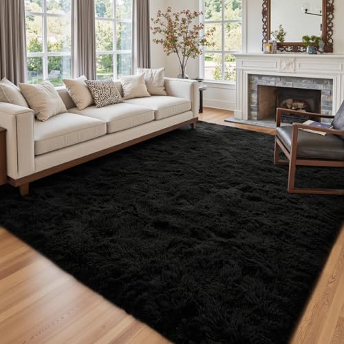 8x10 Ft Large Shag Black Rug for Living Room (Aa Black / 8' X 10' (Rectangular))