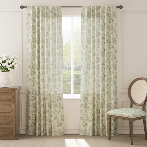 Green Floral Linen Curtains 84 Inch Vintage Back Tab 2 Panels (*Jacobean Sage Green on Beige / 50"W x 84"L (Pack of 2))