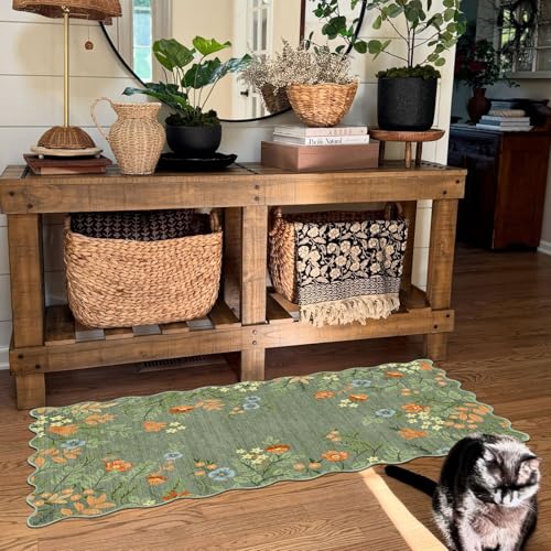Front Door Mat Indoor Entrance (Floral - Green / 2' x 4'3" (Rectangular))