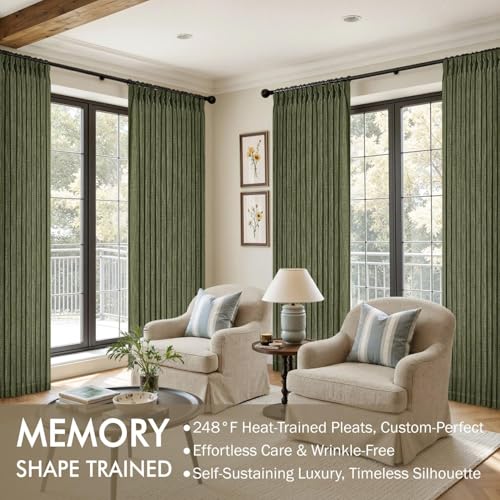 Olive Green Pinch Pleated Linen Curtains 96 Inches Long 2 Panels (Olive Green / 40"W x 96"L (Pack of 2))