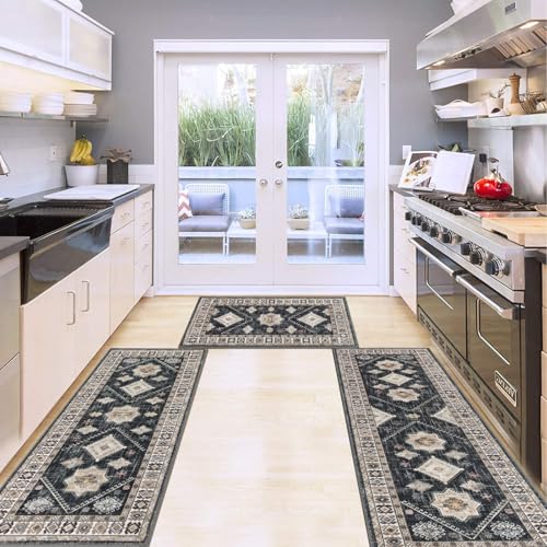 HEBE Boho Kitchen Rugs Set of 3 (Black/Colorful / 20"x32"+20"x48"+20"x59")