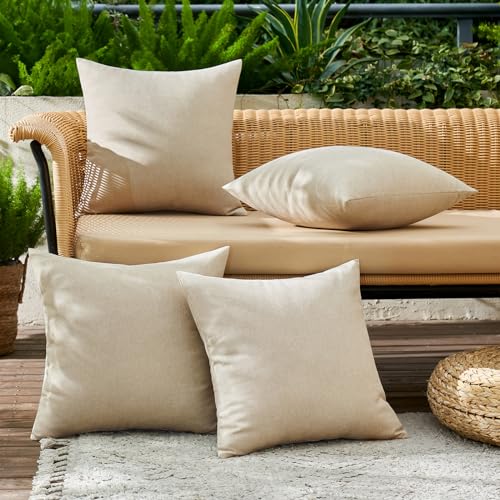 Pack of 4 Decorative Outdoor Throw Pillow Covers Linen Waterproof Pillow Covers Summer Farmhouse Cushion Cases for Patio Garden Tent Balcony Couch Sofa 16x16 Inch Beige (16" x 16" (Pack of 4) / Beige)