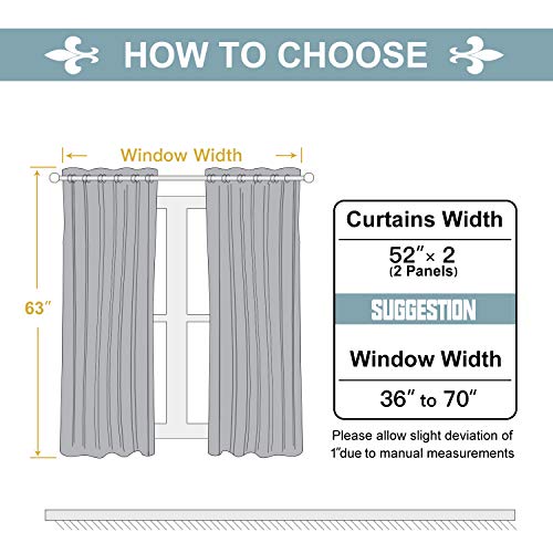100% Blackout Curtains for Bedroom 63 Inches Long 2 Panels Set (52"W x 63"L (Pack of 2) / Light Grey)