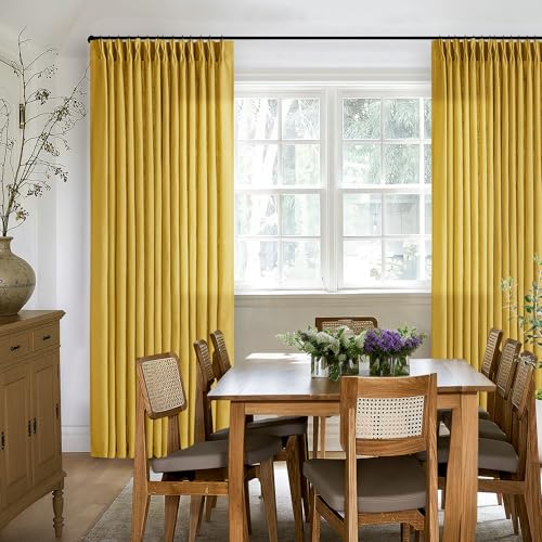Mustard Yellow Pleated Semi Sheer Linen Curtains 102 Inches Long 2 Panel (Mustard Yellow / 40"W x 102"L (Pack of 2))