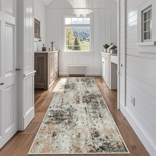 Runner Rugs for Hallways Kitchen 2.6x8 Non Slip Washable Brown Beige (Brown White/Beige / 2'6" x 8' (Rectangular))