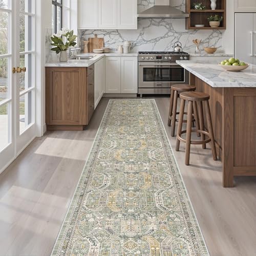 Washable Runner Rugs 2x12 Long for Hallway Kitchen Soft (Green/Gold / 2' x 12' (Runner))