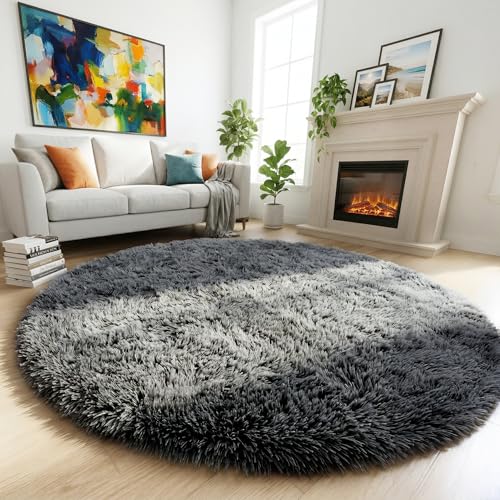 Grey Fuzzy Round Circle Rug 4Ft for Bedroom Living Room Office (Grey / 4' (Round))