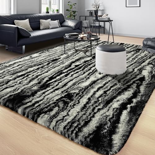Fluffy Large Rugs for Living Room Shag Area Rug 6x9 for Bedroom (Black White / 6' X 9' (Rectangular))