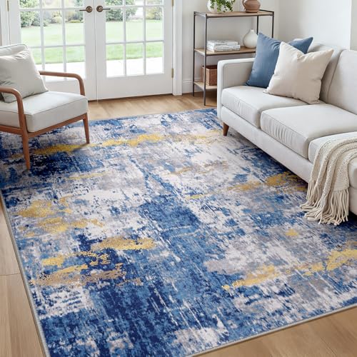 Washable Square 7'x7' Area Rug for Living Room Blue Gold (Blue/Gold / 7' x 7' (Square))