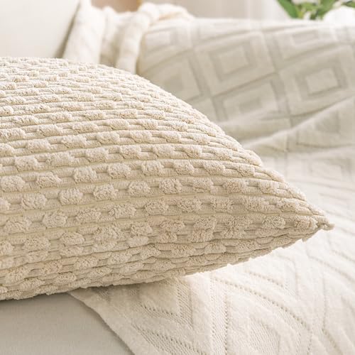 Set of 4 Beige Decorative Throw Pillow Covers 18x18 Inch Corduroy Pillow Covers for Bed Couch Sofa Living Room Soft Square Cushion Cases (Beige / 18" x 18" (Pack of 4))
