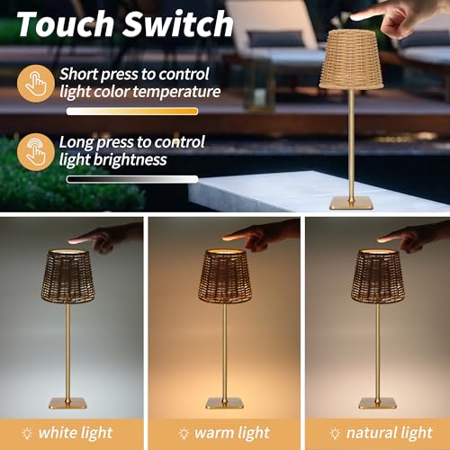 Outdoor Waterproof Cordless Set of 2 Rechargeable Portable Top Touch Battery Operated Powered LED Table Lamp Desk Lamp Lights for Restaurant Kitchen Patio Dinner Dining ((2 Pack)Gold+Wicker Lampshade)