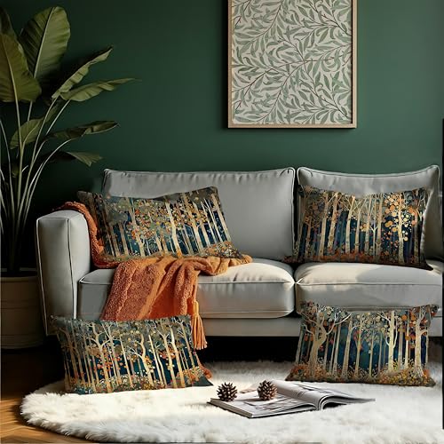 Rustic William Morris Inspired Forest Decor Pillow Covers 12x20 Set of 4 (Forest-orange 07 / 20" x 12" (Pack of 1))
