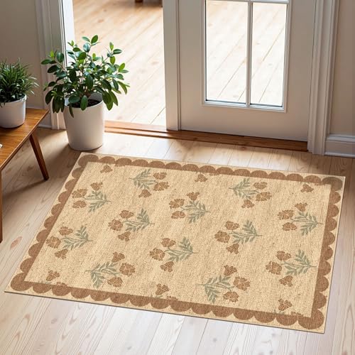Front Door Mat Indoor Outside Entrance 2x3 Tan Floral Scalloped Rug (Flower - Wheat/Tan/Sage / 2' x 3' (Rectangular))