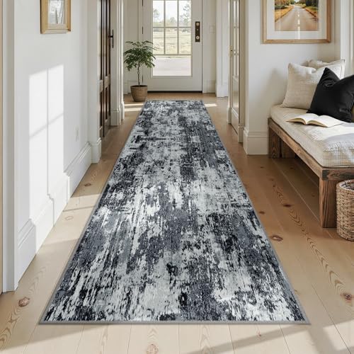 Washable Runner 3'x12' Abstract Area Rug for Hallway Black White (Black/Navy Blue/Gray / 3' x 12' (Runner))