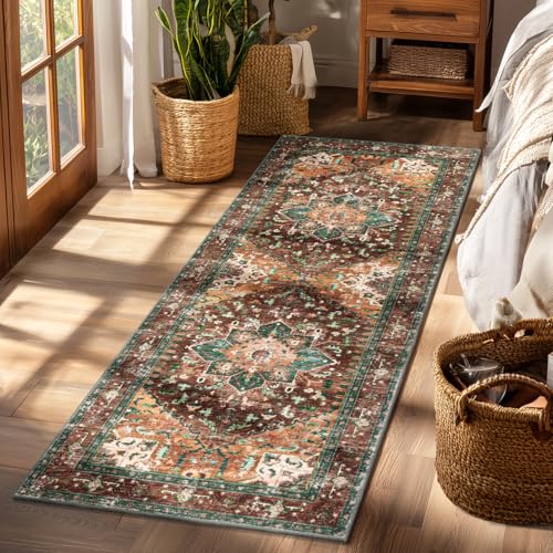 Washable Runner Rug (2' x 6' / Rust/Dull Teal)
