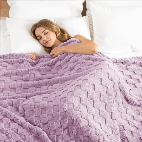 3D Checkered Fleece Queen Blanket for Bed (Light Purple / Queen (90"x90"))