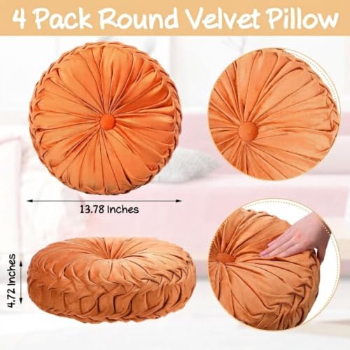 4 Pcs Round Throw Pillows Velvet Pleated Pillows (Orange, Yellow, Pink, Green)