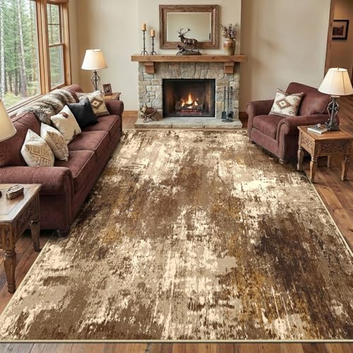 Washable 8'x10' Abstract Area Rug for Living Room Brown Tan (Brown/Tan / 8' x 10' (Rectangular))