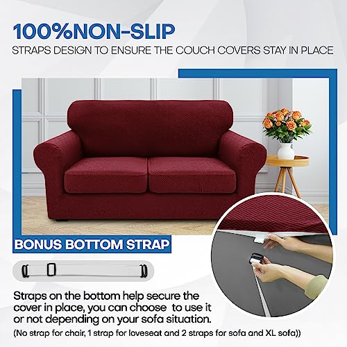 4 Piece Stretch Sofa Cover (71"-91"(3 Cushions) / Wine Red)