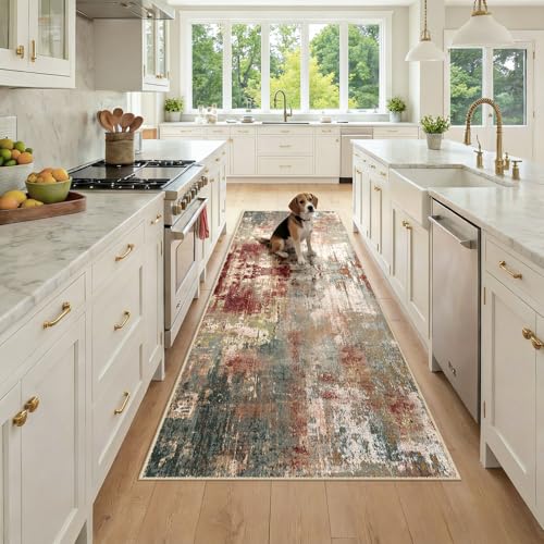 Washable Runner 3'x8' Abstract Area Rug for Hallway Rustic Brown (Rust Red/Green/Blue/Multi / 3' x 8' (Runner))