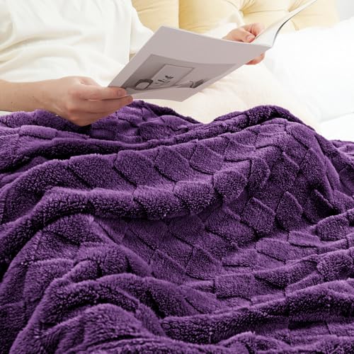 3D Checkered Fleece Throw Blanket for Couch (Purple / Throw (50"x60"))