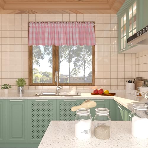 Buffalo Check Plaid Valances Gingham 1 Pack Tiers Rod Pocket Pink and White Farmhouse Short Curtains For Windows Treatment Decor Small Curtains Over Sink For Kitchen (54"W x 16"L (Pack of 1) / Pink and White)