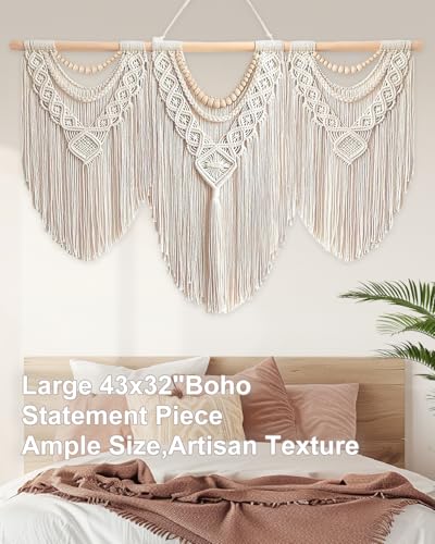 Large Macrame Wall Hanging Handmade Boho Tapestry (Beige)