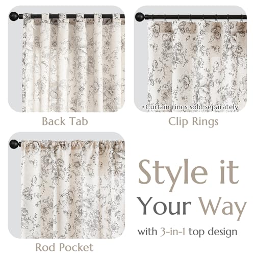 Vintage Floral Linen Curtains 45 Long for Living Room 2 Panels (Black on Beige / 50"W x 45"L (Pack of 2))