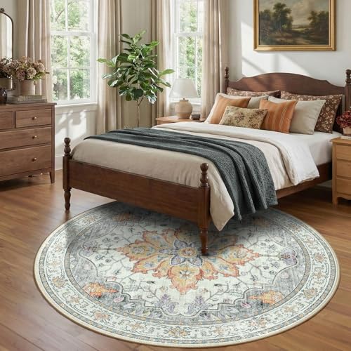 Washable Area Rug (Beige/Carbon Grey/Orange / 8' (Round))